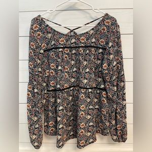 Knox Rose Black Floral Boho Peasant Blouse Top w/ Ties and Tassels Size Medium